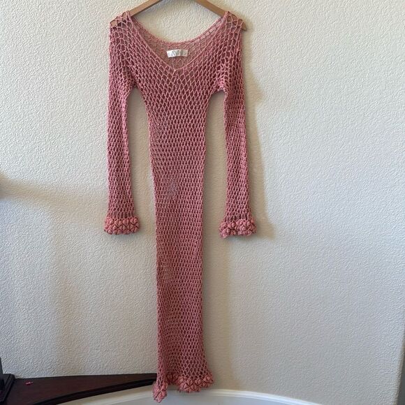 Ayni Pink Coral Crochet Knit Long Sleeve Maxi Dress Resort Swims Cover Up NWOT - Picture 4 of 13